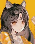  1girl animal_ears arknights black_hair dog_ears facial_mark forehead_mark light_blush light_smile long_hair saga_(arknights) sketch solo upper_body woxinruhuo yellow_background yellow_eyes 