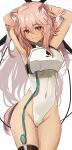  1girl absurdres animal_ear_fluff animal_ears arknights arms_behind_head chest_armor covered_navel gravel_(arknights) highleg highleg_leotard highres leotard long_hair nopetroto parted_lips pink_hair prairie_dog_ears prairie_dog_girl prairie_dog_tail smile solo white_leotard 