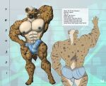  5_fingers abs absurd_res anthro areola biceps big_muscles biped brown_body brown_fur bulge butt claws clothed clothing countershade_fur countershade_torso countershading eldiman english_text eyebrows fingers fur green_eyes hi_res huge_muscles hyena hyper hyper_muscles male mammal model_sheet muscular muscular_anthro muscular_male navel nipples pecs quads smile solo tail text underwear underwear_only vein veiny_muscles 