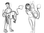  alien ambiguous_gender bodily_fluids carrying carrying_another clothed clothed_human clothing demon_deity female feral fur group hi_res holding_another human male mammal piggyback simple_background sivkit_(the_nature_of_predators) sketch standing sweat sweatdrop tail tail_tuft the_nature_of_predators trio tuft white_background 