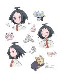  1boy :d ahoge arrow_(symbol) black_hair blush cheren_(pokemon) closed_eyes closed_mouth commentary_request eneko_(olavcnkrpucl16a) flower_(symbol) flying_sweatdrops grey_eyes happiny herdier highres jigglypuff male_focus minccino necktie open_mouth pokemon pokemon_(creature) pokemon_(game) pokemon_bw2 shinx short_hair skitty smile translation_request white_background 