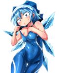  1girl alternate_costume blue_bow blue_eyes blue_hair blue_leotard bodysuit bow breasts cirno commentary_request covered_navel d: ice ice_wings leotard looking_at_viewer parted_lips shimizu_pem simple_background small_breasts solo strap_pull thigh_gap touhou uneven_eyes unitard v-shaped_eyebrows white_background wings 