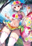  1girl absurdres bare_shoulders beach bikini bird blue_sky blush breasts collarbone fate/grand_order fate_(series) flower_wreath green_bikini hair_ribbon head_wreath highres innertube kama_(fate) kama_(swimsuit_avenger)_(fate) kama_(swimsuit_avenger)_(first_ascension)_(fate) looking_at_viewer miniskirt misaki346 navel palm_tree parakeet rainbow_skirt red_eyes ribbon short_hair skirt sky small_breasts smile swimsuit thighhighs thighs tree white_hair white_thighhighs 