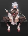  1girl :d absurdres animal_ears azur_lane bare_shoulders black_thighhighs blush breasts censored cum detached_sleeves ejaculation erection futanari gins grey_hair hair_between_eyes highres japanese_clothes lactation lactation_through_clothes large_breasts large_penis leotard maya_(azur_lane) mosaic_censoring nipples open_mouth paid_reward_available penis pink_eyes sandals sash see-through short_hair sitting smile socks solo spread_legs syringe teeth testicles thighhighs white_socks 