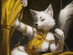  anthro black_claws breasts brooch canid canine chain claws clothing curtains dress female fox fur gold_(metal) gold_chain gold_dress gold_jewelry hi_res hriscia jewelry mammal one_breast_out solo white_body white_fur yellow_clothing yellow_dress yellow_eyes 