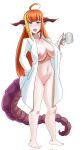  2023 ahoge animal_humanoid bathrobe bathrobe_only big_breasts breasts clothing coco_kiryu container cup cute_fangs dragon dragon_horn dragon_humanoid dragon_tail female genitals hair hand_in_pocket hi_res highlights_(coloring) holding_container holding_cup holding_object hololive horn horned_humanoid humanoid humanoid_pointy_ears inkrait looking_at_viewer navel nipples not_furry nude open_mouth orange_hair pockets pussy red_eyes robe solo vtuber yawn 