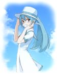  1girl absurdres agonasubi aqua_eyes aqua_hair blue_sky boater_hat border cloud collared_dress commentary dress fading_border from_side grin hands_up hatsune_miku highres light_blush long_hair looking_at_viewer looking_to_the_side outdoors project_diva_(series) sailor_collar short_sleeves sky smile solo summer_memories_(module) time_machine_(vocaloid) twintails upper_body vocaloid white_dress white_headwear 