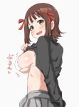  1girl absurdres amami_haruka black_sweater bra breasts brown_hair clothes_lift green_eyes hair_ribbon haruki_(haruki678) highres idolmaster idolmaster_(classic) large_breasts lifted_by_self looking_at_viewer looking_back open_mouth ribbon short_hair simple_background smile solo sweater sweater_lift turtleneck turtleneck_sweater underwear white_background white_bra 