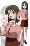  ! &gt;:) 1girl :d a_(phrase) ascii_art azumanga_daioh azumanga_daioh&#039;s_school_uniform blush_stickers brown_eyes brown_footwear brown_hair brown_skirt clenched_hand full_body hand_on_own_hip hand_up highres iniooooo kasuga_ayumu kneehighs long_sleeves looking_at_viewer medium_hair multiple_views neck_ribbon open_mouth pink_shirt pleated_skirt red_ribbon ribbon sailor_collar school_uniform shirt shoes simple_background skirt smile socks speech_bubble upper_body v-shaped_eyebrows white_background white_socks 