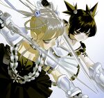  2girls absurdres armor black_dress black_hair blonde_hair braid collar collarbone dress earrings english_commentary hair_ornament highres holding holding_sword holding_weapon jewelry multiple_girls original short_hair shoulder_armor shoulder_belt shuriken smile spiked_collar spiked_hair spikes star_(symbol) sword tattoo vinne weapon white_dress 