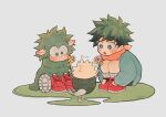  1boy :o aged_down alternate_costume animal animalization bakugou_katsuki blouse blue_shirt blush boku_no_hero_academia bright_pupils clothed_animal commentary dynamy_(boku_no_hero_academia) ear_blush film_grain flower freckles full_body gaagyeo green_eyes green_fur green_hair grey_socks hands_on_feet highres holding holding_flower knees_to_chest long_sleeves looking_down male_child male_focus midoriya_izuku motion_lines no_pupils open_mouth orange_scarf pink_flower red_footwear scarf sheep shirt shoe_soles shoes short_hair shorts slav_squatting sneakers socks squatting symbol-only_commentary tail tail_wagging twitter_username white_pupils yellow_flower 