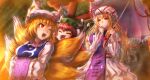  3girls animal_ears animal_hat blonde_hair blush breasts brown_hair cat_ears cat_tail chen closed_eyes dress earrings fang fox_ears fox_tail hair_between_eyes hands_in_opposite_sleeves hat highres holding holding_umbrella jewelry kitsune kuroshio_(zung-man) large_breasts long_sleeves mob_cap multiple_girls multiple_tails nekomata open_mouth outdoors red_ribbon ribbon short_hair tabard tail torii touhou tree umbrella white_dress yakumo_ran yakumo_yukari yellow_eyes 