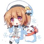  1girl :o alternate_costume arms_at_sides beret black_bow black_bowtie black_ribbon blush_stickers bow bowtie brown_hair character_snowman chibi coat commentary_request food fringe_trim fur-trimmed_coat fur-trimmed_sleeves fur_trim hair_ornament haruchimo hat kanon long_sleeves looking_at_viewer medium_hair open_mouth piro pom_pom_(clothes) pom_pom_hair_ornament red_eyes red_scarf ribbon scarf simple_background sleeve_ribbon snowflakes snowing snowman solo standing taiyaki tareme thighhighs tsukimiya_ayu wagashi whiskers white_background white_coat white_headwear white_thighhighs winter winter_clothes 