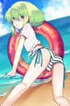  1boy :o ass ass_focus beach bikini bulge crossdressing doughnut_innertube earrings from_behind green_hair highres holding holding_innertube innertube jewelry light_blush lio_fotia looking_back male_focus ocean otoko_no_ko promare purple_eyes rinno_promare sand shirt short_hair side-tie_bikini_bottom sidelocks solo striped striped_bikini swimsuit thighs tied_shirt triangle_earrings v-shaped_eyebrows wet wet_clothes wet_shirt white_bikini white_shirt 