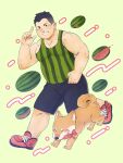  1boy absurdres bara black_shorts bulge daisukebear dog food food_print fruit fruit_background full_body green_tank_top grin highres index_finger_raised looking_at_viewer male_focus muscular muscular_male original pectoral_cleavage pectorals running shiba_inu shoes short_hair shorts sideburns sidepec smile solo tank_top undercut watermelon watermelon_print 