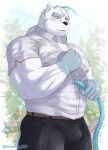  2023 anthro barazoku bear blush bottomwear bulge clothing hi_res humanoid_hands kemono knights_college male mammal nipples one_eye_closed ortwin_rd pants paul_(knights_college) polar_bear shirt solo topwear ursine white_body wink 