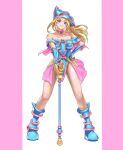 1girl absurdres bare_shoulders blonde_hair blue_footwear blue_headwear blush_stickers boots breasts choker dark_magician_girl duel_monster full_body green_eyes hair_between_eyes hat highres holding holding_wand large_breasts long_hair looking_at_viewer pink_background quwrofsk8 smile solo staff two-tone_background wand white_background wizard_hat yu-gi-oh! yu-gi-oh!_duel_monsters 
