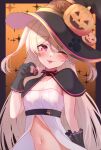  1girl black_gloves blonde_hair blush border brown_border buket_pudding_i closed_mouth collarbone dress english_commentary gloves halloween hat highres holding holding_vial indie_virtual_youtuber long_hair looking_at_viewer multicolored_hair navel one_eye_closed orange_background outside_border pink_eyes pink_hair pumpkin_hat_ornament sakayori_pepa smile solo sparkle_background stomach streaked_hair tongue tongue_out upper_body very_long_hair virtual_youtuber white_dress witch witch_hat 