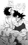  2boys anal ass bara blush bottomless closed_eyes dragon_ball dragon_ball_super greyscale highres incest male_focus male_underwear monochrome multiple_boys muscular muscular_male naked_shirt nano8 open_mouth sex shirt short_hair sitting sitting_on_person son_gohan son_goku spiked_hair translation_request underwear underwear_around_one_leg yaoi 