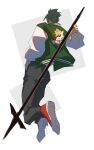 1boy achilles_(fate) black_pants facing_away fate/grand_order fate_(series) floating from_below green_hair green_jacket haruakira highres holding holding_polearm holding_weapon jacket lance letterman_jacket long_sleeves male_focus pants polearm red_footwear short_hair solo undercut weapon 