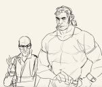  2boys bad_source brock_samson cigarette curly_hair francisxie glasses greyscale holding holding_knife knife monochrome multiple_boys rusty_venture size_difference sketch the_venture_bros. 