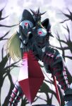  armor artist_name bare_tree blonde_hair colored_skin digimon dual_wielding duskmon extra_eyes grey_skin highres holding holding_sword holding_weapon mask outdoors pointing_sword red_eyes ryo@ standing sword tree weapon 