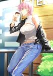  1girl absurdres arm_support black_jacket blue_eyes breasts cup denim go-toubun_no_hanayome highres holding holding_cup jacket jeans large_breasts meme_attire nakano_ichika off_shoulder open-chest_sweater open_clothes open_jacket outdoors pants pink_hair short_hair sitting solo sweater white_sweater yongo_(artist) 