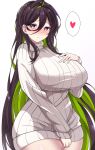  1girl absurdres black_hair blush breasts closed_mouth goddess_of_victory:_nikke green_hair guilty_(nikke) hair_between_eyes hand_on_own_chest heart highres huge_breasts long_hair looking_at_viewer midori_(user_nsaz3272) multicolored_hair purple_eyes simple_background solo sweater two-tone_hair white_background 
