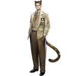  1boy animal_ears arknights black_footwear brown_hair brown_pants collared_shirt ferdinand_(arknights) hands_in_pockets id_card jacket leopard_ears leopard_tail looking_at_viewer necktie norizc official_art pants rhine_lab_logo shirt shoes short_hair smile solo standing suit tail white_shirt 