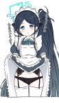  1girl ? apron aris_(blue_archive) aris_(maid)_(blue_archive) black_hair black_panties blue_archive blue_dress blue_eyes blue_hair blush clothes_lift dress dress_lift frilled_apron frilled_dress frills garter_straps groin halo highres hip_focus lifted_by_self long_hair looking_at_viewer machismo_fuji maid_apron maid_headdress pale_skin panties side_ponytail solo thighhighs underwear very_long_hair white_apron 