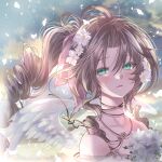  1girl aerith_gainsborough arestear0701 artist_name bare_shoulders blush brown_hair choker dress falling_petals feathered_wings final_fantasy final_fantasy_vii final_fantasy_vii_remake flower flower_choker green_eyes hair_between_eyes hair_flower hair_ornament hair_ribbon highres looking_at_viewer parted_bangs parted_lips petals pink_dress pink_ribbon ponytail ribbon ribbon_choker sidelocks solo strap_slip upper_body wavy_hair white_flower white_wings wings 