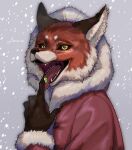  2023 alice_the_vixen anthro candy canid canine clothed clothing dessert fangs fanwie_art female food fox fur gloves_(marking) handwear hi_res human hybrid mammal markings open_mouth snow solo teeth tiny_bunny tongue tongue_out winter winter_coat yellow_eyes 