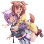  2girls :d animal_ears bone_hair_ornament braid breasts brown_hair cartoon_bone cat_ears collar commentary_request dog_ears dog_girl dog_tail dress grey_footwear grey_hoodie hair_ornament hair_over_shoulder highres hololive hood hood_down hoodie inugami_korone jacket long_hair low_twintails medium_breasts midriff minazuki_mizu multiple_girls nail_polish nekomata_okayu off_shoulder open_clothes open_jacket pants purple_eyes purple_hair red_collar red_socks shoes simple_background smile socks tail thick_eyebrows twin_braids twintails virtual_youtuber white_background white_dress white_pants yellow_jacket yellow_nails 