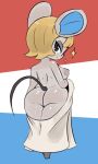  animal_crossing anthro big_breasts breasts butt eyewear female glasses hi_res looking_at_viewer mammal mouse murid murine nintendo petri_(animal_crossing) rear_view rodent simple_background smile solo towel vono 