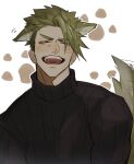  1boy achilles_(fate) animal_ear_fluff animal_ears black_sweater blush closed_eyes extra_ears facing_viewer fate/apocrypha fate_(series) happy haruakira highres kemonomimi_mode male_focus open_mouth paw_print solo sweater tail tail_wagging teeth undercut upper_body white_background 