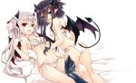  2girls age_of_ishtaria bikini black_bow black_hair bow bow_panties bra breasts demon_horns demon_wings empusa_(age_of_ishtaria) eyes_visible_through_hair fang fangs feet_out_of_frame green_eyes hair_between_eyes hair_bow hand_on_another&#039;s_stomach highres horns lingerie long_bangs long_hair looking_at_viewer lying multiple_girls on_back on_bed open_mouth panties pointy_ears red_eyes saeki_touma side-tie_bikini_bottom side-tie_panties sidelocks skin_fang small_breasts smile swimsuit two_side_up underwear upier_(age_of_ishtaria) white_bikini white_bra white_hair white_panties wings yuri 