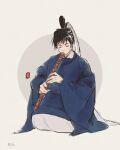  1boy axis_powers_hetalia black_hair blue_robe circle closed_eyes facing_viewer flute full_body grey_background hat highres holding holding_instrument instrument japan_(hetalia) japanese_clothes kimono long_sleeves male_focus music playing_instrument robe seiza short_hair sitting solo tate_eboshi tea_(candyfoxx) translation_request white_kimono 