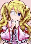  1girl blonde_hair blue_eyes blush dress eyelashes eyepatch frilled_sleeves frills hair_between_eyes hands_up juliet_sleeves kazamatsuri_institute_high_school_uniform long_hair long_sleeves looking_at_viewer nakatsu_shizuru one_eye_covered own_hands_together parted_lips pink_background pink_dress puffy_sleeves rewrite school_uniform simple_background solo straight-on twintails upper_body very_long_hair wavy_hair wide_sleeves zenoo 