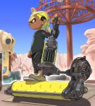  black_shorts black_sweater blonde_hair blue_sky commentary_request dark-skinned_male dark_skin dynamo_roller_(splatoon) earrings highres inkling inkling_boy jewelry orange_eyes outdoors paint_roller shoes short_hair shorts sky splatoon_(series) splatoon_3 standing sweater weapon white_footwear xdies_ds 