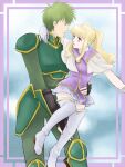  1boy 1girl arm_around_neck blonde_hair boots bridal_gauntlets carrying clarine_(fire_emblem) fingerless_gloves fire_emblem fire_emblem:_the_binding_blade gloves green_armor green_hair lance_(fire_emblem) looking_at_another open_mouth purple_eyes suzu007 thigh_boots white_footwear 