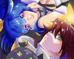 2girls ankh bare_shoulders blue_hair compass_rose_halo dizzy_(guilty_gear) green_eyes grey_mask guilty_gear guilty_gear_strive hair_ribbon hair_rings halo highres jack-o&#039;_valentine long_hair looking_at_viewer mother_and_daughter multiple_girls pumpkin_mask purple_eyes red_hair ribbon smile too_many_belts twintails yellow_ribbon zorb11s 