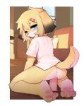  1girl animal_ears animal_feet animal_nose anus ass barefoot blonde_hair blush bottomless closed_mouth crayon_(crayon1006) day dildo dog_ears dog_girl dog_tail female_masturbation from_behind furry furry_female green_eyes hair_between_eyes hair_ornament hairclip highres indoors looking_at_viewer looking_back masturbation medium_hair naked_shirt object_insertion on_floor one_eye_closed original pussy pussy_juice sex_toy shirt short_sleeves sidelocks sitting solo spaghetti_strap sweat tail tail_raised thighs vaginal vaginal_object_insertion wariza white_shirt wooden_floor 