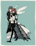  1boy 1girl ahoge amanogwazen arthropod_boy black_scrunchie cape carrying carrying_person chaldea_uniform collared_shirt crown diamond_hairband dragonfly_wings fate/grand_order fate_(series) fujimaru_ritsuka_(female) full_body fur-trimmed_cape fur_trim green_background grey_hair hair_ornament hair_scrunchie insect_wings long_sleeves medium_hair oberon_(fate) oberon_(third_ascension)_(fate) orange_hair scrunchie shirt side_ponytail simple_background sleeping white_shirt wings 