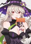  1girl 2023 :p bare_shoulders black_dress black_headwear breasts bridal_gauntlets cleavage commentary_request corrin_(female)_(fire_emblem) corrin_(female)_(halloween)_(fire_emblem) corrin_(fire_emblem) dress fire_emblem fire_emblem_fates fire_emblem_heroes frilled_sleeves frills grey_hair halloween halloween_costume hand_up hat highres holding juliet_sleeves long_hair long_sleeves looking_at_viewer nail_polish off-shoulder_dress off_shoulder official_alternate_costume peach11_01 pointy_ears puffy_sleeves purple_nails red_eyes smile solo tongue tongue_out upper_body very_long_hair witch witch_hat 