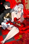  1boy 1girl alternate_costume bare_shoulders black_eyes black_jacket black_pants black_suit breasts bridal_veil bride carmilla_(fate) cleavage closed_mouth collarbone commentary dress english_commentary fate/grand_order fate_(series) flower formal fujimaru_ritsuka_(male) grey_hair hair_flower hair_ornament highres idol jacket large_breasts long_hair looking_at_viewer monkey_jon pants petals red_dress red_flower red_footwear red_rose rose see-through shoes short_hair sitting strapless strapless_dress suit sweatdrop veil yellow_eyes 