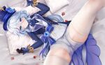  1girl aqua_eyes ascot asymmetrical_gloves bed_sheet black_gloves blue_ascot blue_bow blue_brooch blue_eyes blue_gemstone blue_hair blue_headwear blue_jacket blush bow breasts cowlick dutch_angle eyelashes feet_out_of_frame furina_(genshin_impact) gem genshin_impact gloves gold_trim grey_hair hair_between_eyes hat hat_bow heterochromia highres indoors jacket kamue long_sleeves looking_at_viewer lying medium_breasts medium_hair mismatched_gloves multicolored_hair on_back open_clothes open_jacket paid_reward_available parted_lips petals pillow short_shorts shorts skin_tight solo sparkle spread_legs streaked_hair thighhighs thighs tilted_headwear top_hat white_gloves white_shorts white_thighhighs zettai_ryouiki 