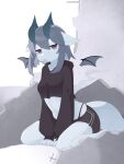  3_fingers absurd_res anthro bangs blue_body blue_hair blue_horn bottomwear breasts clothing dragon exposed_thighs feet female fingers gradient_eyes grey_eyes hair hi_res hoodie horn hotpants liteee navel panty_lines short_hair shorts sitting sitting_on_legs small_wings solo tail thick_tail tongue tongue_out topwear wings 