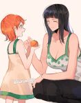  2girls ^_^ archived_source bad_id bad_twitter_id bare_arms black_hair black_pants blunt_bangs character_profile closed_eyes closed_mouth commentary_request dress food fruit holding holding_food joman korean_commentary looking_at_another mandarin_orange multiple_girls nami_(one_piece) nico_robin one_piece open_mouth orange_hair pants profile short_hair simple_background smile squatting tank_top white_background 