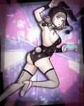  1girl animal_ears animal_hood arm_up armlet ass black_leotard breasts brown_hair danganronpa_(series) danganronpa_2:_goodbye_despair fake_animal_ears fishnet_thighhighs fishnets flipped_hair from_side handheld_game_console high_heels highres holding holding_handheld_game_console hood large_breasts leotard looking_at_viewer meitna multicolored_background nanami_chiaki pink_background pink_eyes playboy_bunny rabbit_ears rabbit_hood rabbit_tail shoes tail thighhighs two-tone_leotard 