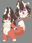  anthro blue_eyes blush blush_lines canid canine countershading demon dipstick_tail female fluffy fox hair hi_res horn hybrid long_hair mammal markings multicolored_body pawpads short smile solo tail tail_markings tuft two_tone_body ukan_muri 